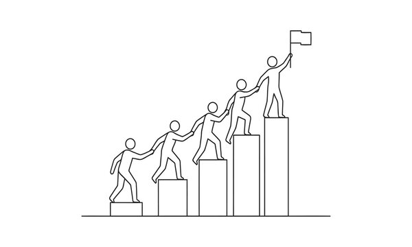 Single continuous line drawing of team members holding hands together following their leader who hold flag climbing up stairs. Teamwork concept one line draw with a modern