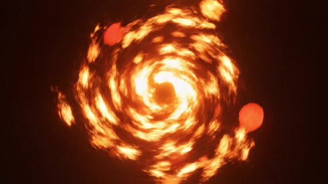 A vibrant, swirling spiral galaxy with fiery orange and yellow hues, surrounded by three red celestial bodies, in a mesmerizing digital art style, against a deep black cosmic background, rep