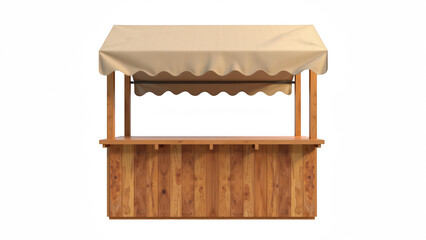 Wooden market stall with beige canopy rustic counter outdoor vendor booth empty front view natural wood simple design inviting