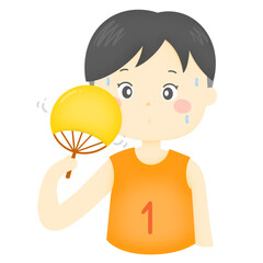 Cartoon boy uses a fan to fan himself because he's hot