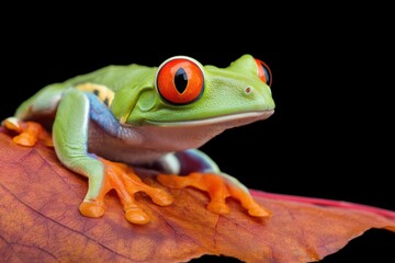 Obraz premium Macro studio of a Red eyed Tree Frog. Vibrant green skin, orange eyes. Sitting on a leaf prop. Black background.