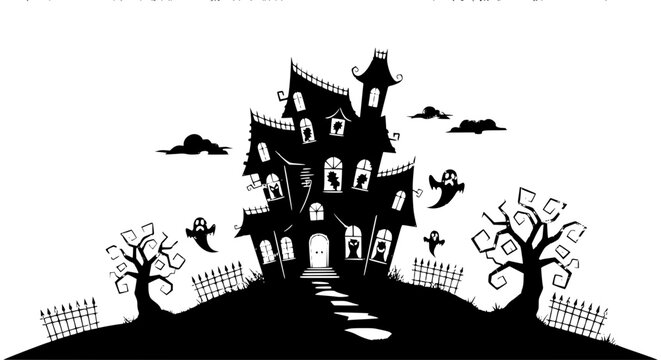 Scary Haunted House Silhouette with Ghosts and Monsters &ndash; Halloween Spooky Vector Illustration