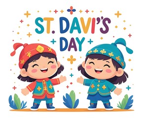 Two happy children celebrating St. David's Day with colorful decorations and traditional attire