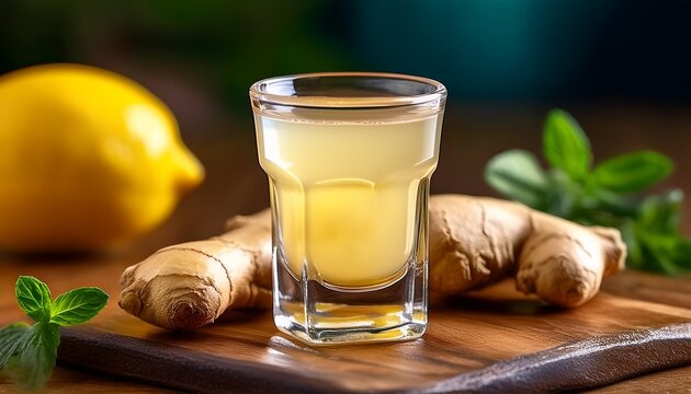 close up of a small lemon and ginger shot