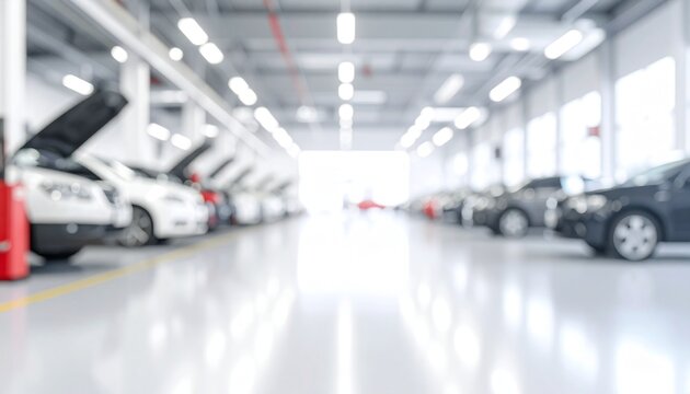 Auto Repair Facility Blurred Interior with Row of Cars undergoing Servicing Modern Automotive Maintenance and Service.