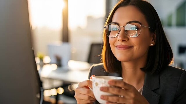 Businesswoman drinking from a mug while working at a computer in a sunlit office, artificial intelligence agent concept