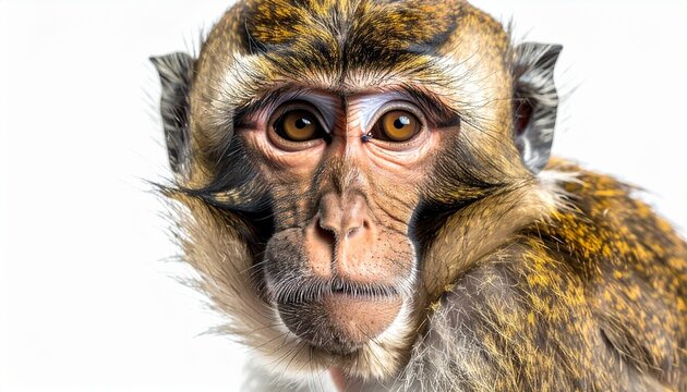 Portrait of a Talapoin Monkey with Expressive Eyes Looking Directly at the Camera on Clean White Background.