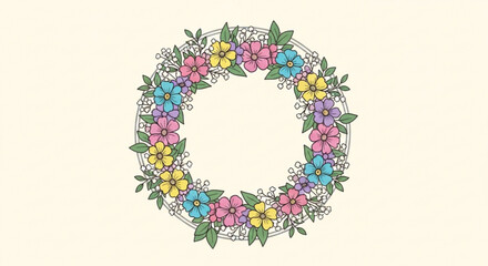 Colorful Floral Wreath with Pink, Yellow, and Blue Flowers on White Background