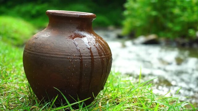 A close-up of a traditional unglazed clay water jug (ghara_matka) sitting in cool, green grass near a flowing stream