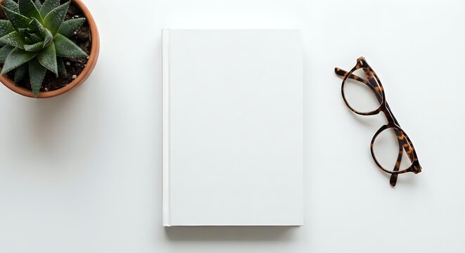 Minimalist workspace with blank white book, eyeglasses and succulent plant on clean desk surface for creative projects and reading.