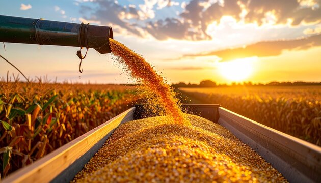 Golden harvest time in the field agricultural landscape with sunset and crops being harvested.