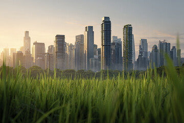 Obraz premium Sustainable future city skyline with green nature foreground and modern skyscraper buildings under soft sunlight at sunset
