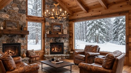 Rustic Winter Cabin Interior With Fireplace
