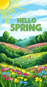 bright beautiful spring forest and fields in bloom landscape. Hello spring background