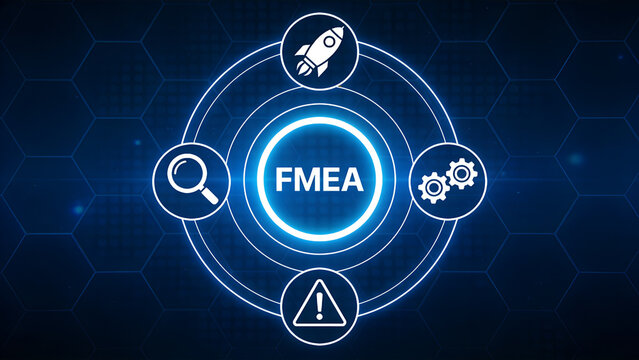 FMEA Failure Mode effects analysis concept with icons of rocket, gear, danger and magnifying.