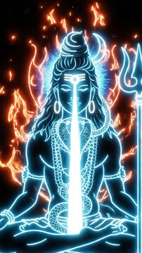 Lord Shiva meditating with blue neon glow and trident