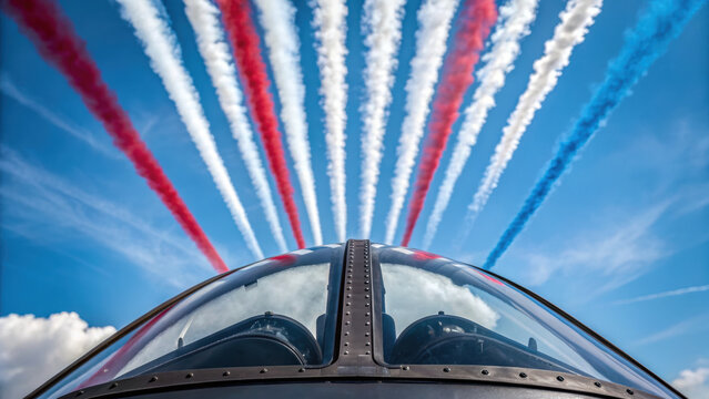 Close up view from inside cockpit showing colorful red, white, and blue smoke trails in clear sky creating patriotic display