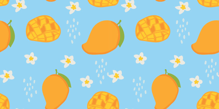Exotic tropical pattern with mango fruit on Powder Blue background, seamless spring flower graphic.