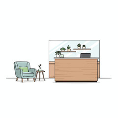 Modern Minimalist Reception Desk with Indoor Plants and Comfortable Chair