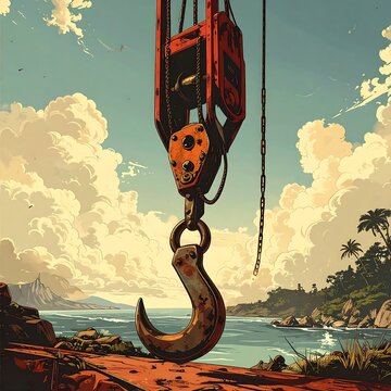 A rusty hook hangs from a red crane against a tropical backdrop