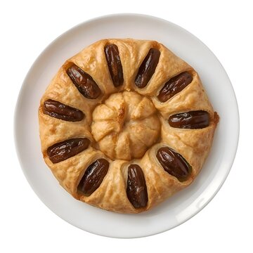 Libyan Makroud dessert with dates on white plate top view