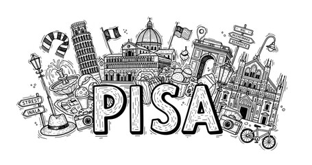 Fototapeta premium Illustrated landmarks and culture of pisa in black and white sketch