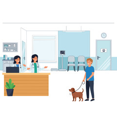 Animal Clinic Reception Area with Staff and Pet Owner