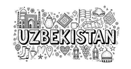 Obraz premium Uzbekistan icons: landmarks, culture, and traditional symbols in black and white