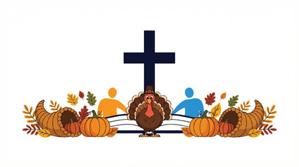 thanksgiving celebration with turkey pumpkins and cross symbol