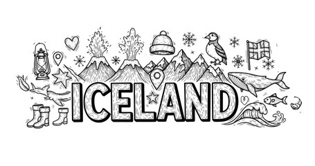 Obraz premium Monochrome iceland doodle: mountains, wildlife, and iconic landmarks