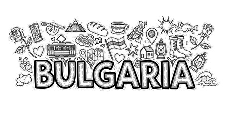 Fototapeta premium Bulgaria landmarks doodle: icons and symbols featuring mountains, roses, and traditional elements