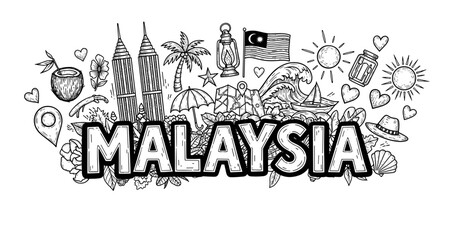 Fototapeta premium Malaysia travel doodle: icons of culture, nature, and architecture illustrated