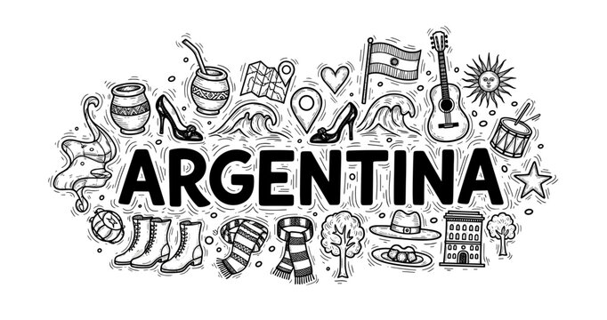 Argentina icons: cultural and natural landmarks in black and white