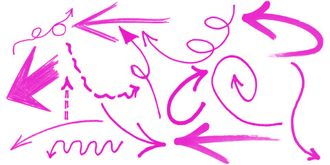 Pink hand drawn arrows with playful curved directional doodles isolated on white background for modern creative design