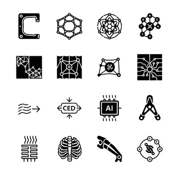 Professional minimalist vector icons for generative design and AI engineering featuring topology optimization lattice structures and neural network nodes in a bold black style