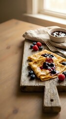 Fototapeta premium Golden crepes with berry jam and fresh blueberries raspberries on rustic wooden cutting board near sunny window for breakfast brunch dessert cooking concept.