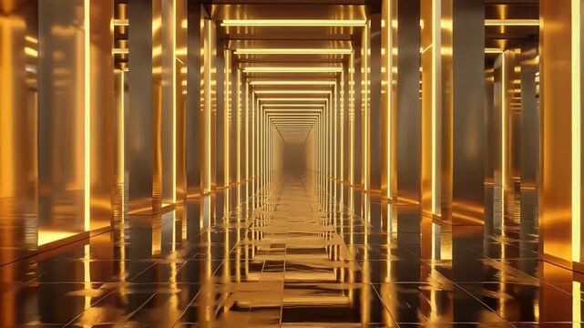 Golden light reflections dance across an abstract ancient stone corridor where the water surface mirrors majestic columns of an old interior construction.