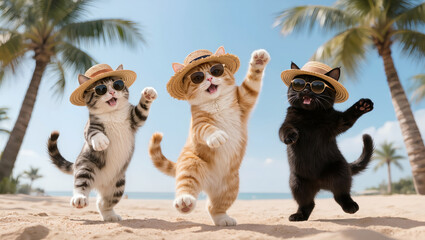 Three humorous cats wearing sunglasses and straw hats dancing on sunny tropical beach with palm trees and blue sky background.