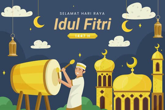 Selamat Hari Raya Idul Fitri Illustration with Boy Playing Drum