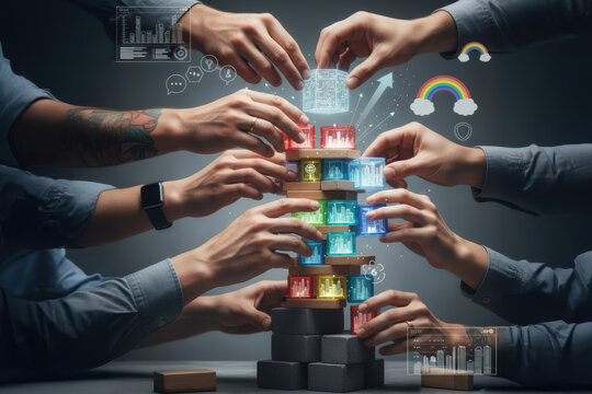 Teamwork collaboration hands building colorful blocks with digital business icons and charts, symbolizing growth and innovation creative
