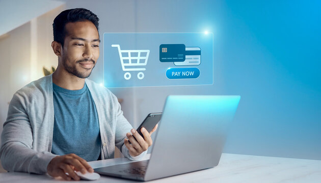 Concepto moderno de compra online con interfaz digital flotante, carrito y pago electr&oacute;nico. Ideal para e-commerce, fintech, marketing digital y ventas en internet.
