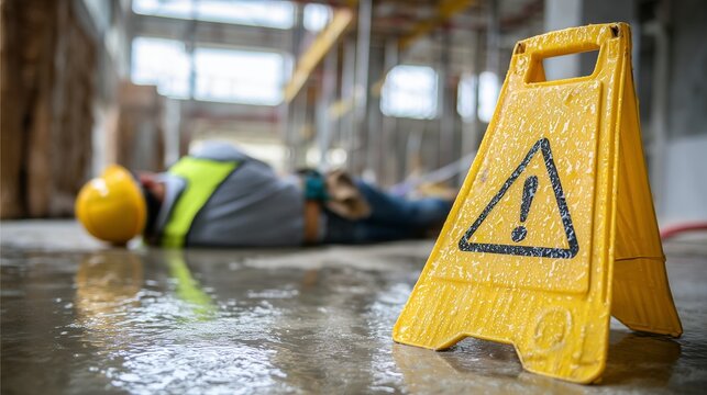 Wet floor warning sign in foreground with injured construction worker lying on slick site, conveys personal injury claim after workplace slip and fall.