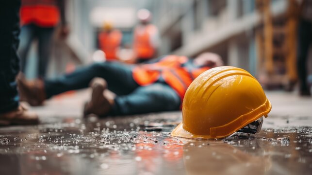 Yellow hardhat in foreground with fallen worker and safety vest blurred in a wet construction aisle, symbolizing workplace injury and workers' comp claim.