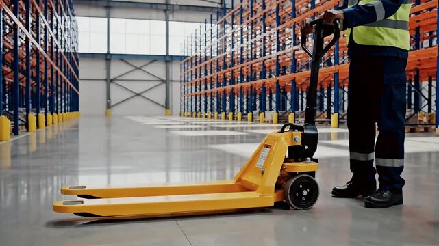 A dedicated warehouse worker, dressed in safety gear, skillfully operates a bright yellow manual pallet jack. The scene unfold in a vast, modern logistics facility featuring rows of empty storage rack