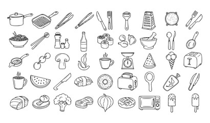 White outline hand drawn kitchen utensil and food icon collection culinary doodle vector set