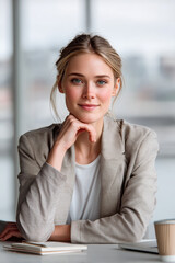 Obraz premium Confident businesswoman professional office modern workspace natural light blonde hair blue eyes smiling casual blazer youthful