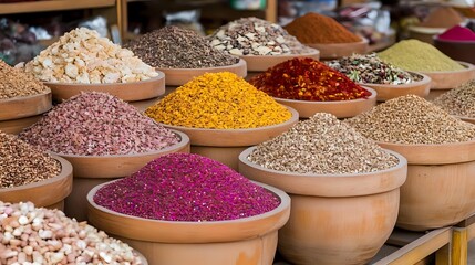 Colorful spices and grains displayed in traditional clay bowls at bustling market stall. Vibrant turmeric, red chili, pink salt create rainbow of flavors.