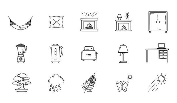 Minimal hand drawn home comfort outline icons furniture appliances and nature infographic vector set