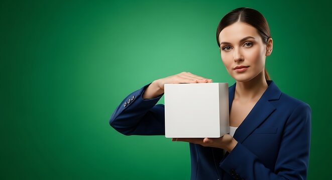 A serious and elegant businesswoman holding a blank white square box with both hands on a green background.
