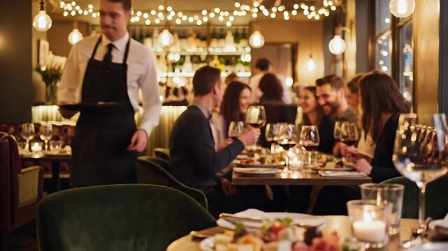 A group of friends enjoys a celebratory dinner at an upscale restaurant with warm lighting fine dining and attentive service creating a sophisticated atmosphere
